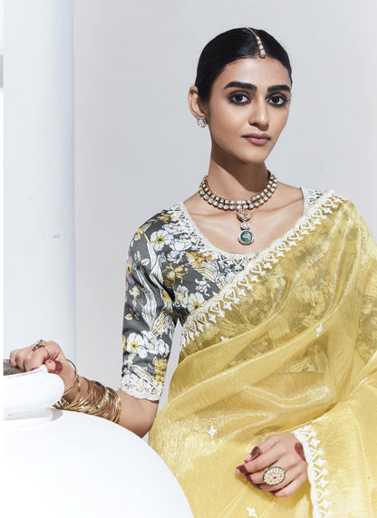 Light Yellow Satin Silk Digital Printed Party Wear Saree