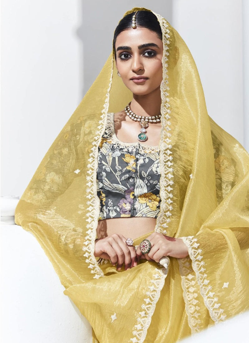Light Yellow Satin Silk Digital Printed Party Wear Saree