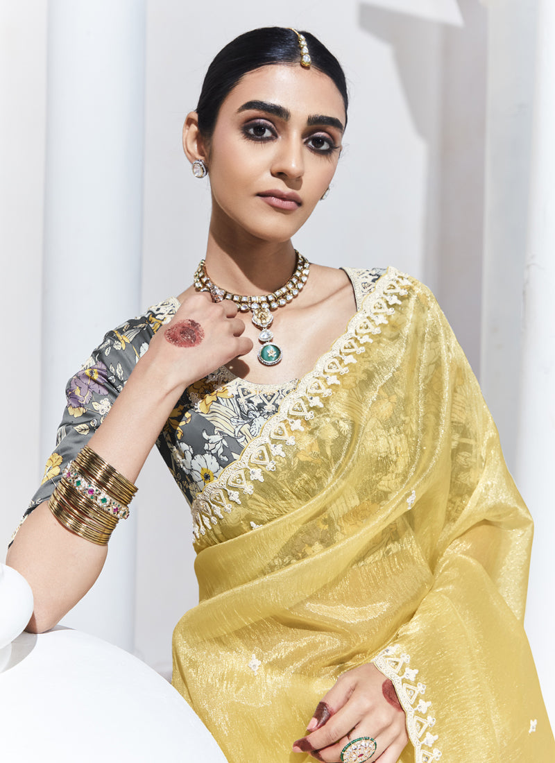 Light Yellow Satin Silk Digital Printed Party Wear Saree