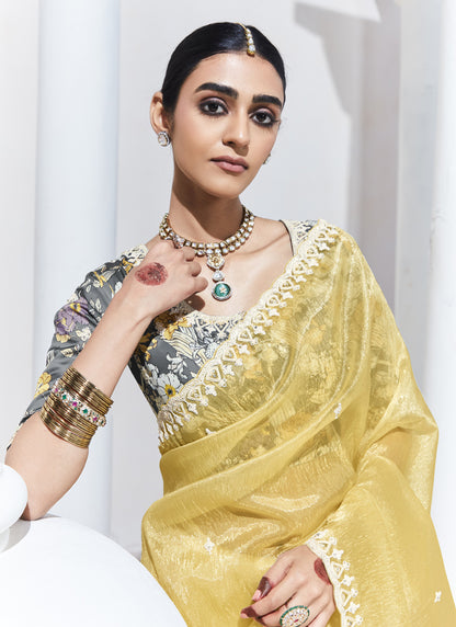 Light Yellow Satin Silk Digital Printed Party Wear Saree
