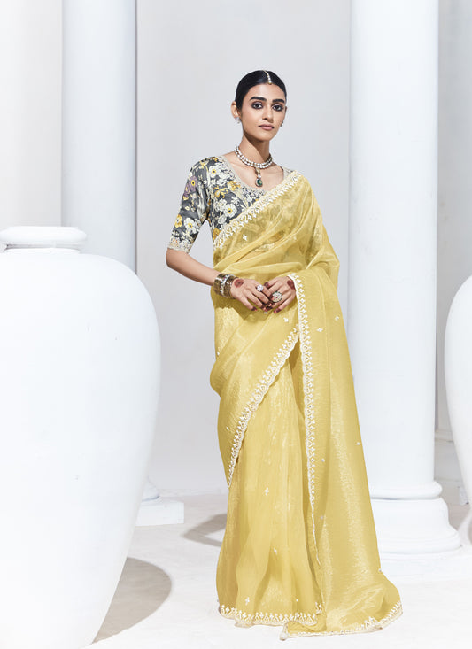 Light Yellow Satin Silk Digital Printed Party Wear Saree