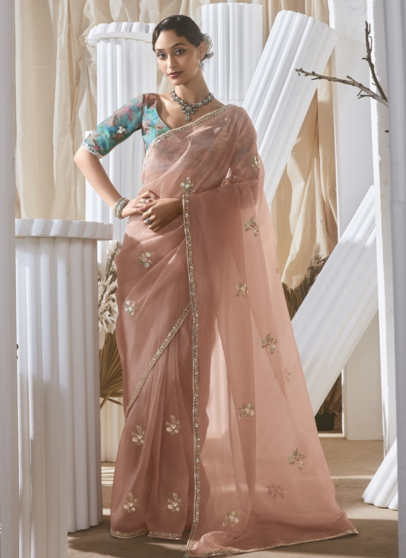 Light Peach Digital Printed Blouse Party Wear Saree