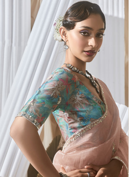 Light Peach Digital Printed Blouse Party Wear Saree