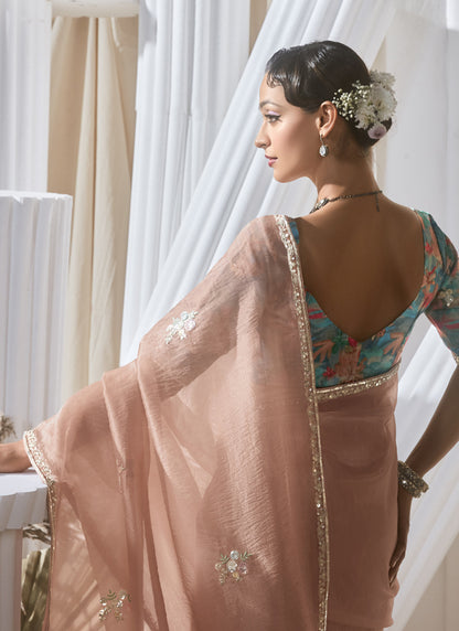 Light Peach Digital Printed Blouse Party Wear Saree