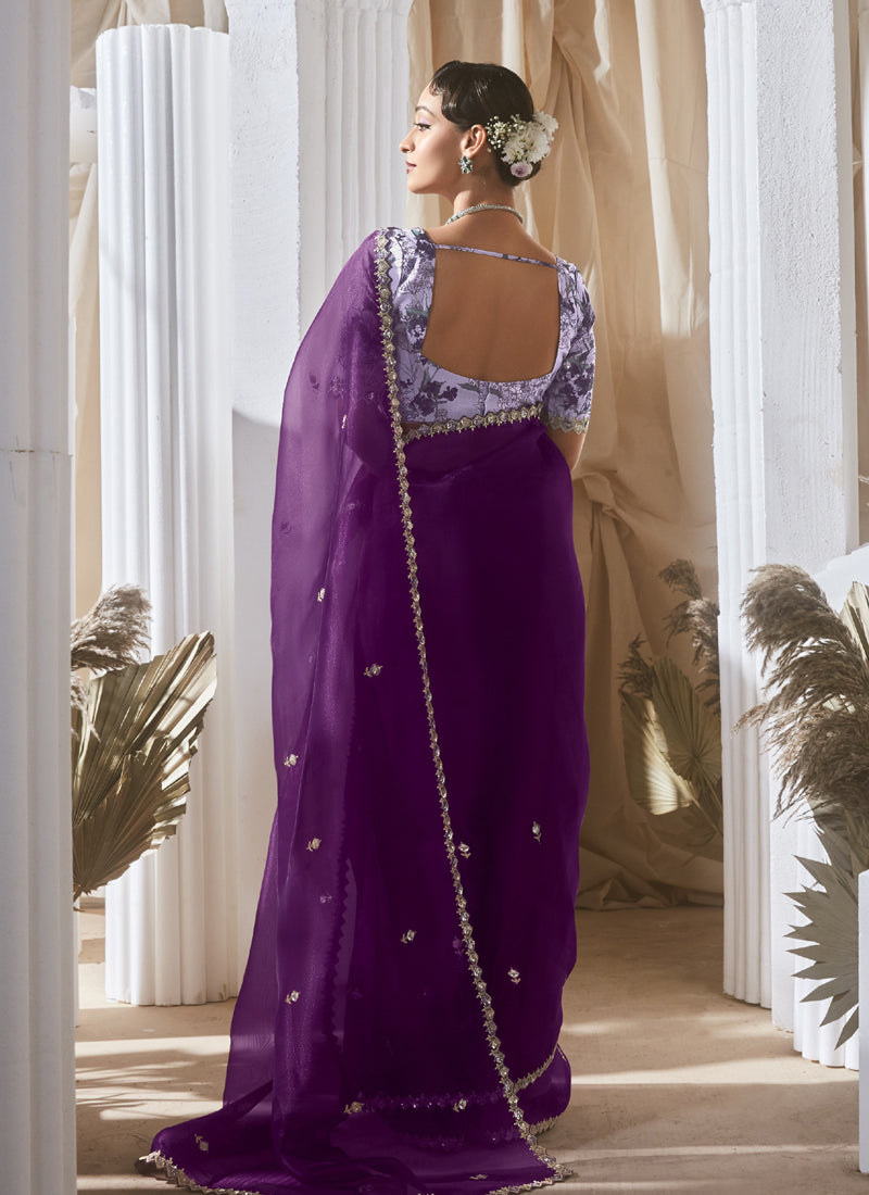 Dark Purple Tissue Silk With Digital Printed Blouse Party Wear Saree