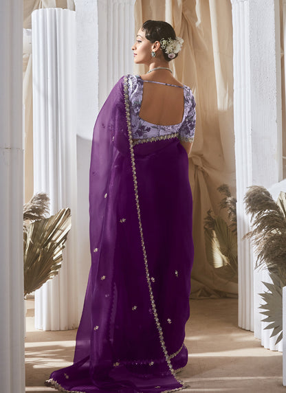 Dark Purple Tissue Silk With Digital Printed Blouse Party Wear Saree