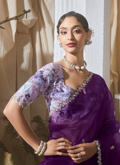 Dark Purple Tissue Silk With Digital Printed Blouse Party Wear Saree