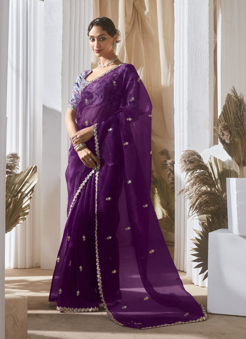 Dark Purple Tissue Silk With Digital Printed Blouse Party Wear Saree