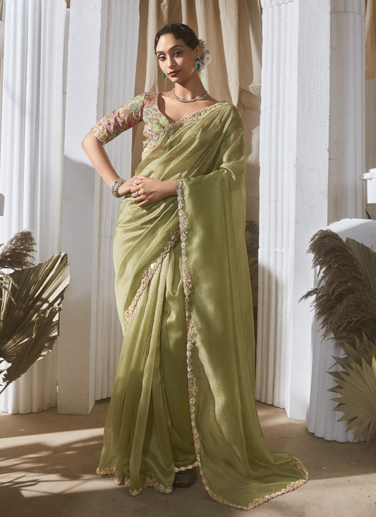 Olive Tissue With Digital Printed Blouse Party Wear Saree