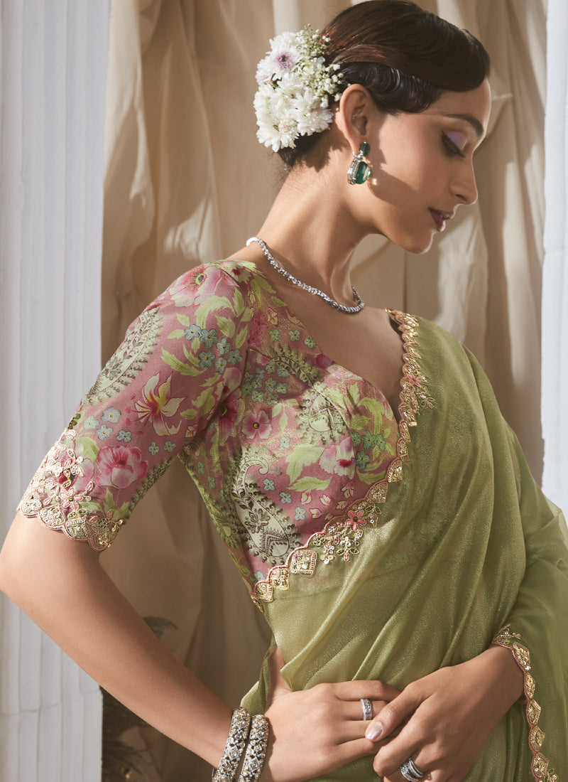Olive Tissue With Digital Printed Blouse Party Wear Saree