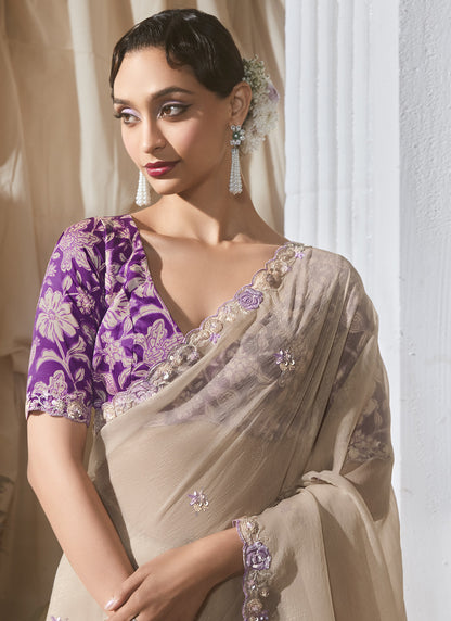 Beige Tissue Silk With Digital Printed Blouse Party Wear Saree