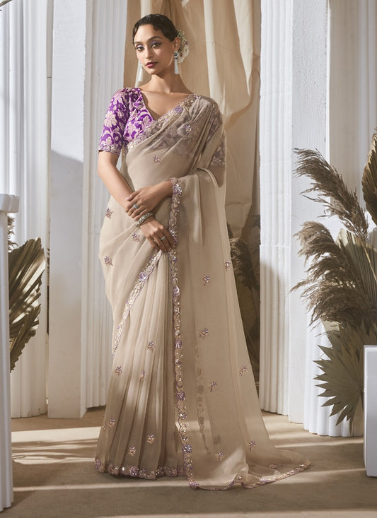 Beige Tissue Silk With Digital Printed Blouse Party Wear Saree