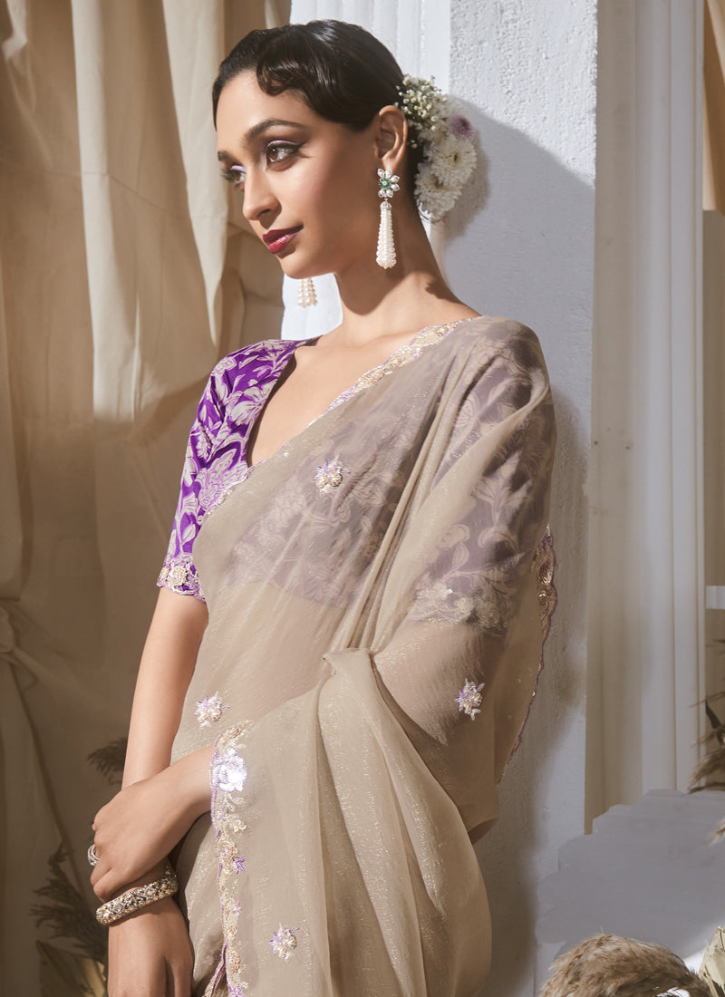 Beige Tissue Silk With Digital Printed Blouse Party Wear Saree