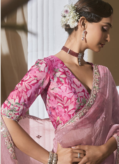 Baby Pink Tissue Silk With Digital Printed Blouse Party Wear Saree