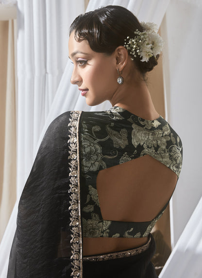 Black Tissue Silk With Digital Printed Blouse Party Wear Saree