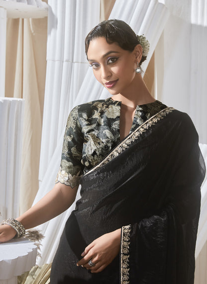Black Tissue Silk With Digital Printed Blouse Party Wear Saree