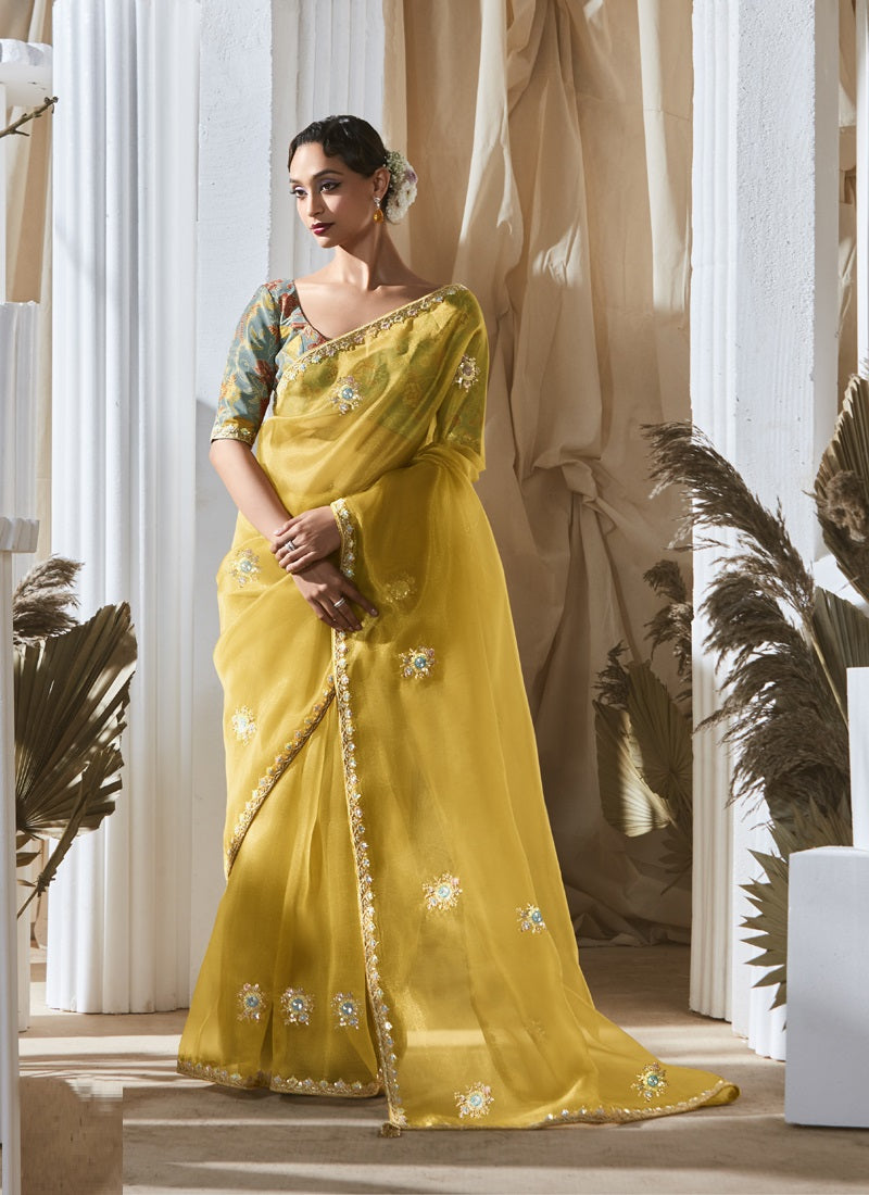 Yellow Tissue Silk With Digital Printed Blouse Party Wear Saree