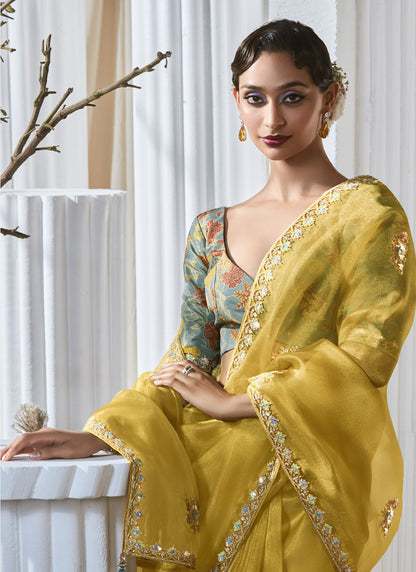 Yellow Tissue Silk With Digital Printed Blouse Party Wear Saree
