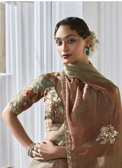 Bronze Tissue With Digital Printed Blouse Party Wear Saree