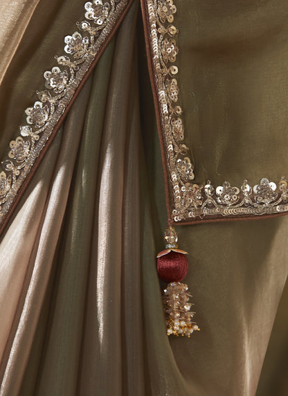 Bronze Tissue With Digital Printed Blouse Party Wear Saree