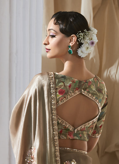 Bronze Tissue With Digital Printed Blouse Party Wear Saree