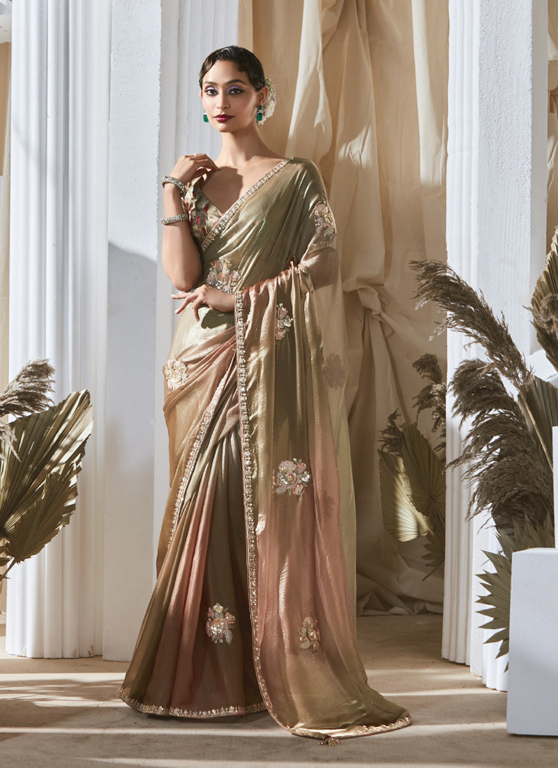 Bronze Tissue With Digital Printed Blouse Party Wear Saree