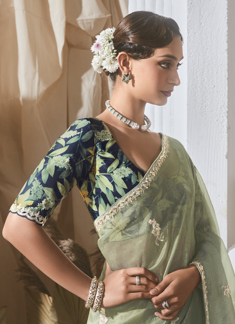 Pista Tissue Silk Sequence Work Digital Printed Blouse Party Wear Saree