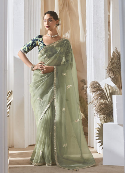 Pista Tissue Silk Sequence Work Digital Printed Blouse Party Wear Saree
