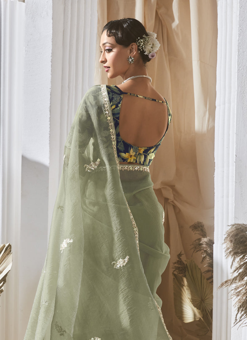 Pista Tissue Silk Sequence Work Digital Printed Blouse Party Wear Saree