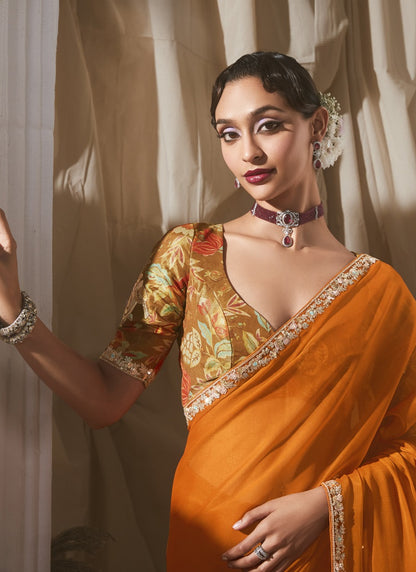 Orange Tissue Silk Digital Printed Blouse Party Wear Saree
