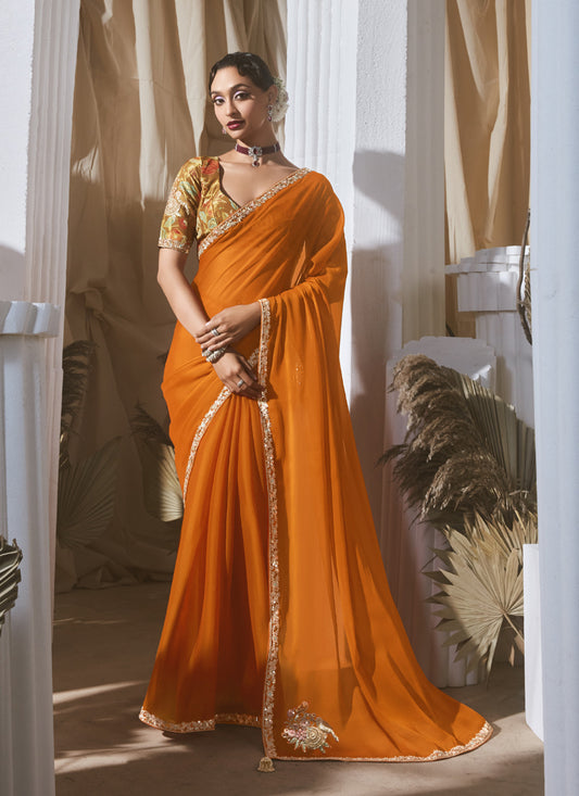 Orange Tissue Silk Digital Printed Blouse Party Wear Saree