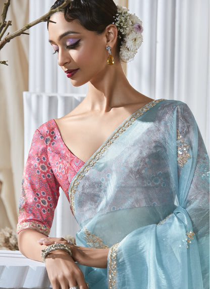 Sky Blue Tissue Silk Digital Printed Blouse Party Wear Saree