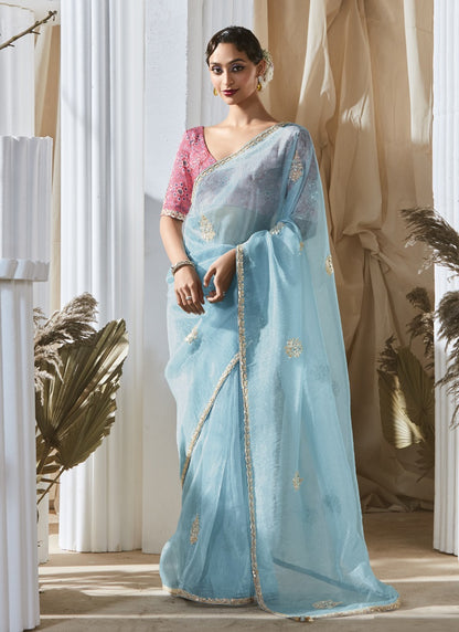 Sky Blue Tissue Silk Digital Printed Blouse Party Wear Saree