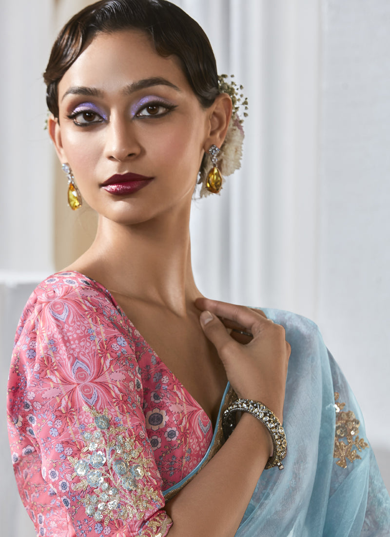 Sky Blue Tissue Silk Digital Printed Blouse Party Wear Saree