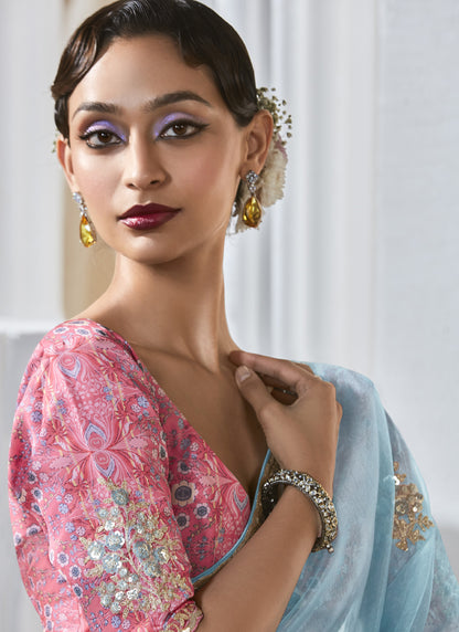 Sky Blue Tissue Silk Digital Printed Blouse Party Wear Saree