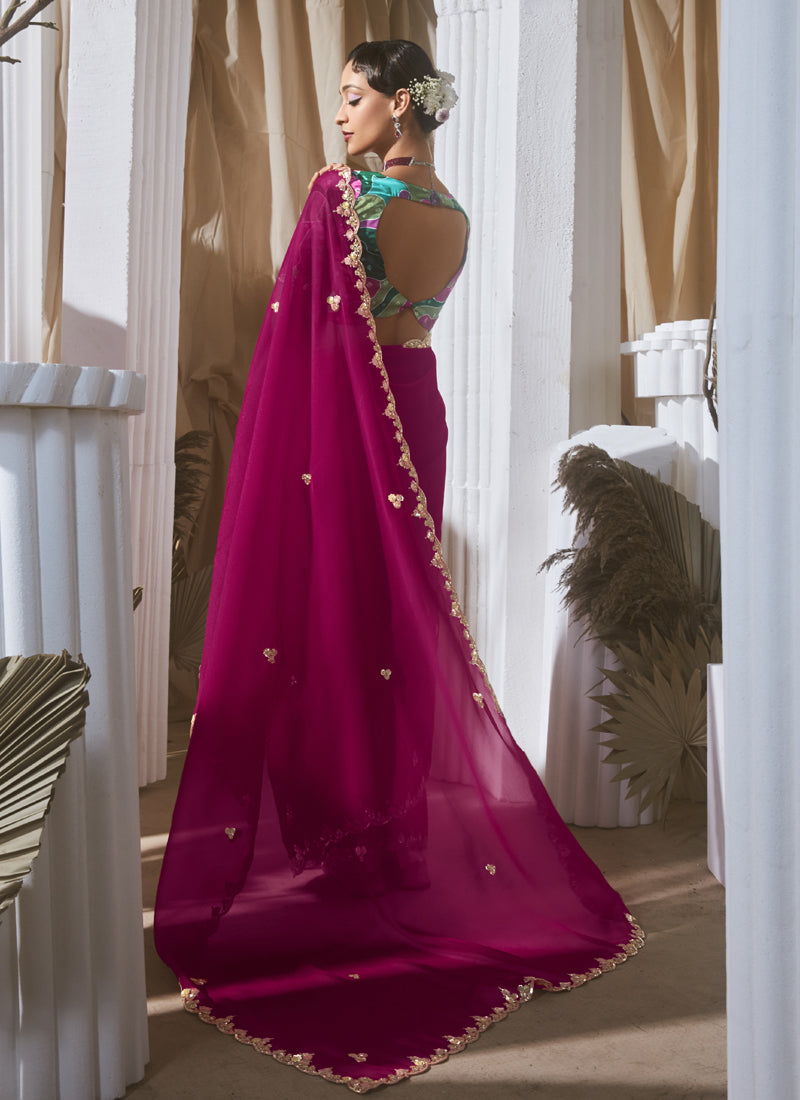 Rani Pink Tissue Silk Digital Printed Blouse Party Wear Saree