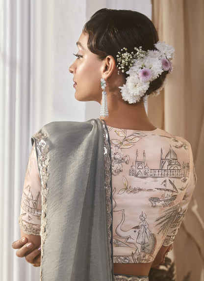 Gray Tissue Silk Designer Border Digital Printed Blouse Party Wear Saree