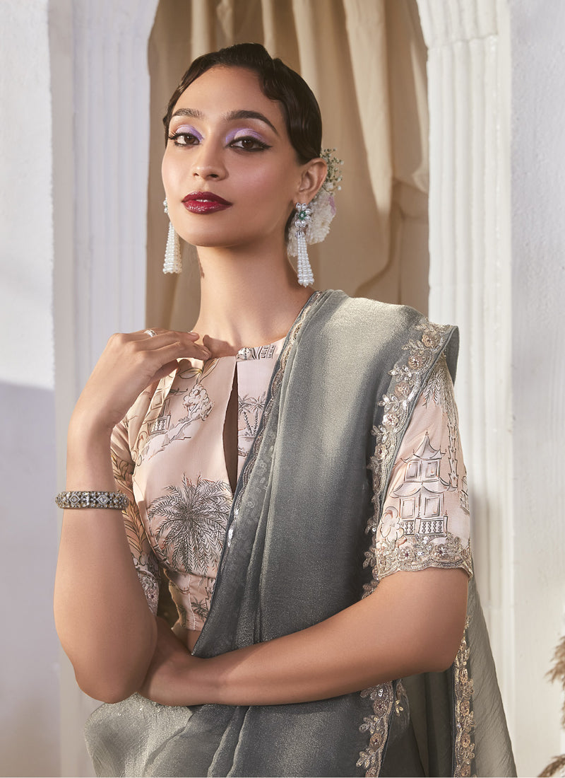 Gray Tissue Silk Designer Border Digital Printed Blouse Party Wear Saree