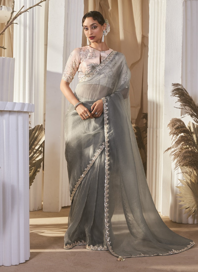 Gray Tissue Silk Designer Border Digital Printed Blouse Party Wear Saree