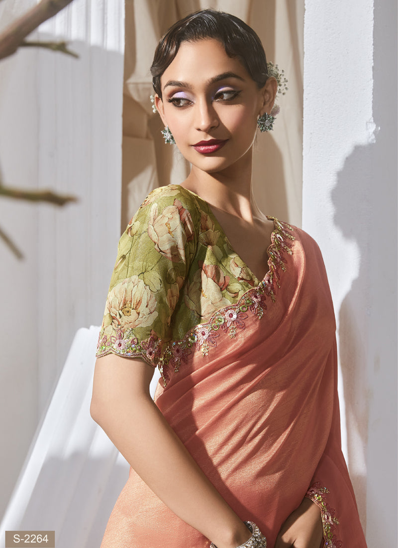 Salmon Tissue Silk Sequence Work Digital Printed Blouse Party Wear Saree