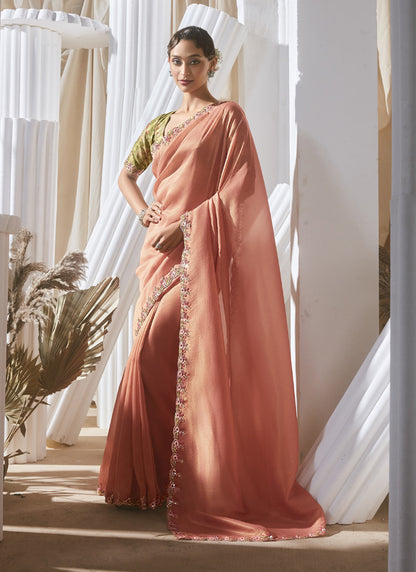 Salmon Tissue Silk Sequence Work Digital Printed Blouse Party Wear Saree