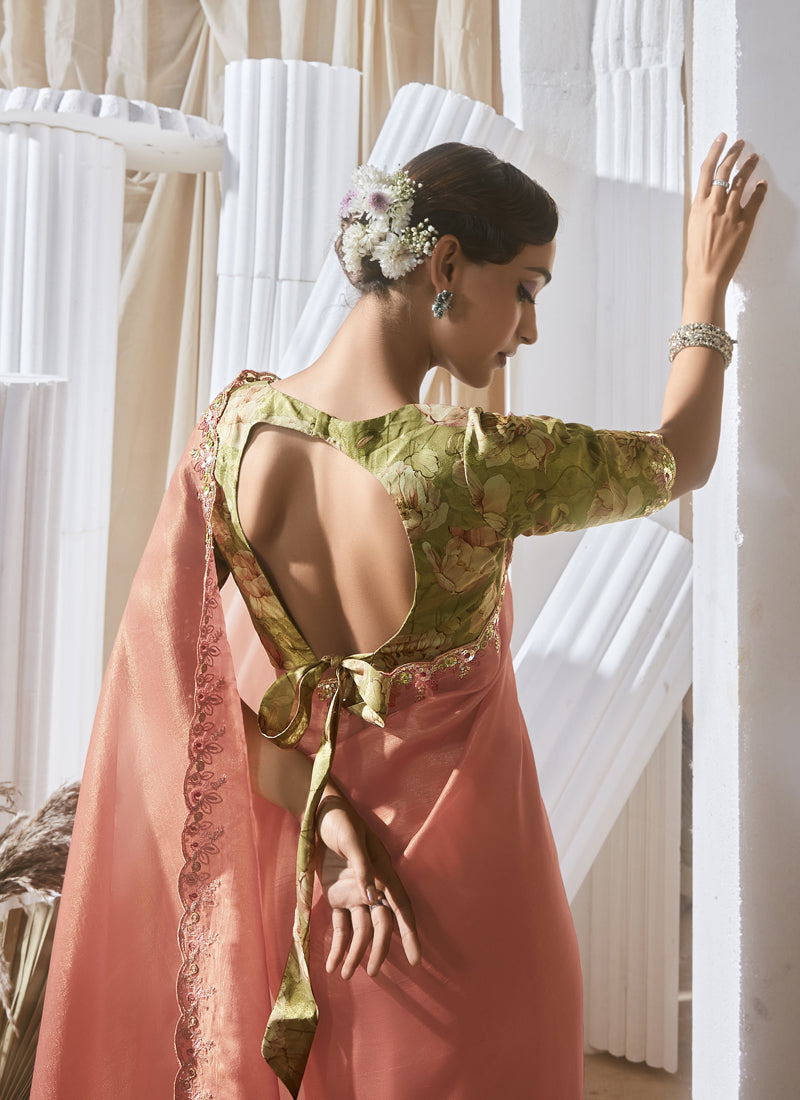 Salmon Tissue Silk Sequence Work Digital Printed Blouse Party Wear Saree