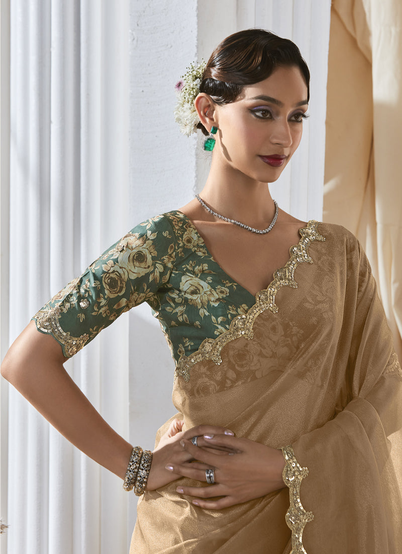 Cream Tissue Silk Sequence Work Designer Border With Digital Printed Blouse Party Wear Saree