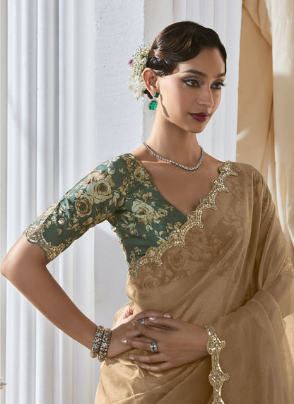 Cream Tissue Silk Sequence Work Designer Border With Digital Printed Blouse Party Wear Saree