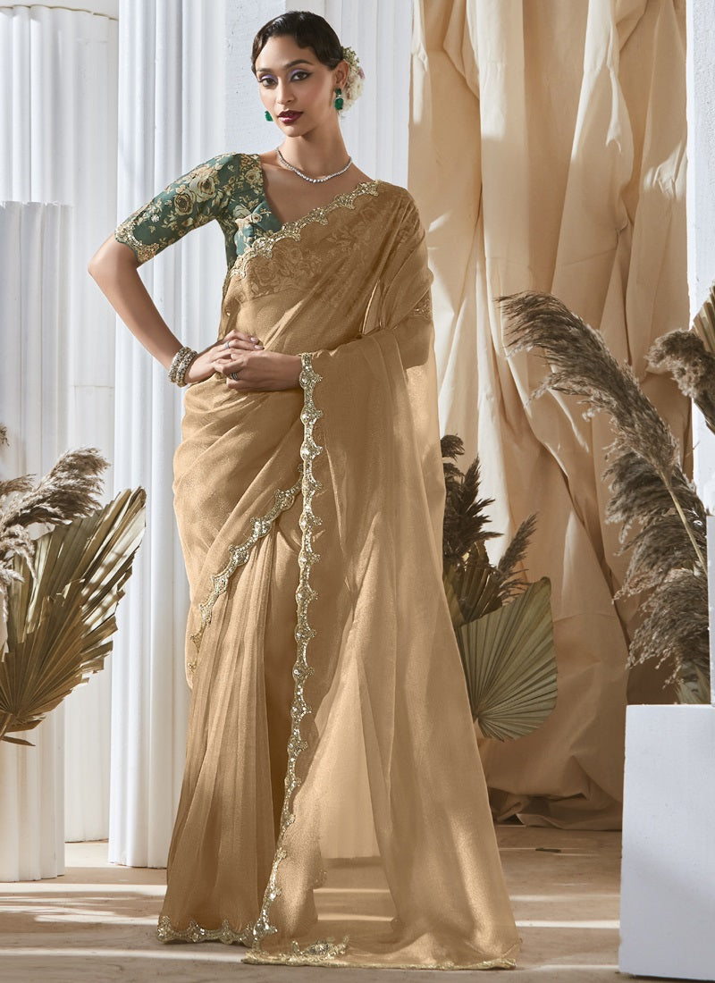 Cream Tissue Silk Sequence Work Designer Border With Digital Printed Blouse Party Wear Saree