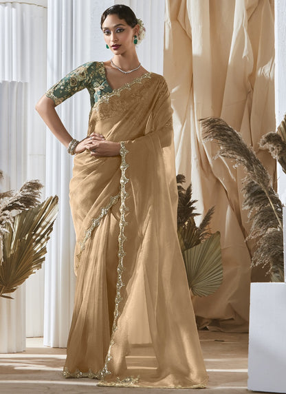 Cream Tissue Silk Sequence Work Designer Border With Digital Printed Blouse Party Wear Saree