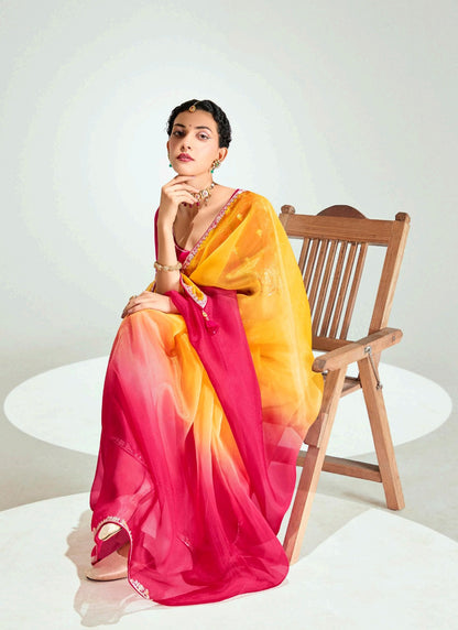 Shaded Mustard & Ruby Red Organza Tissue Designer Saree