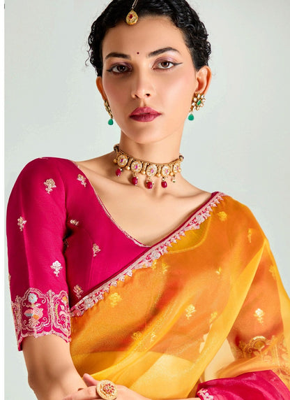 Shaded Mustard & Ruby Red Organza Tissue Designer Saree