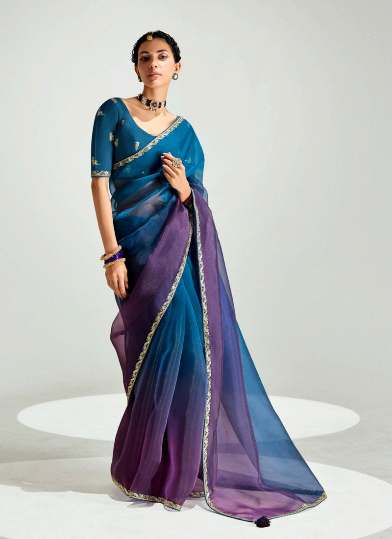 Shaded Peacock Blue & Purple Organza Tissue Designer Saree