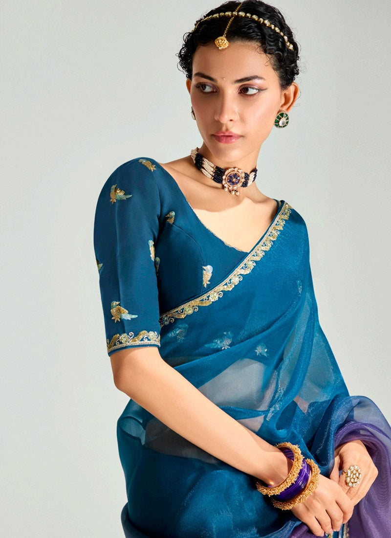 Shaded Peacock Blue & Purple Organza Tissue Designer Saree